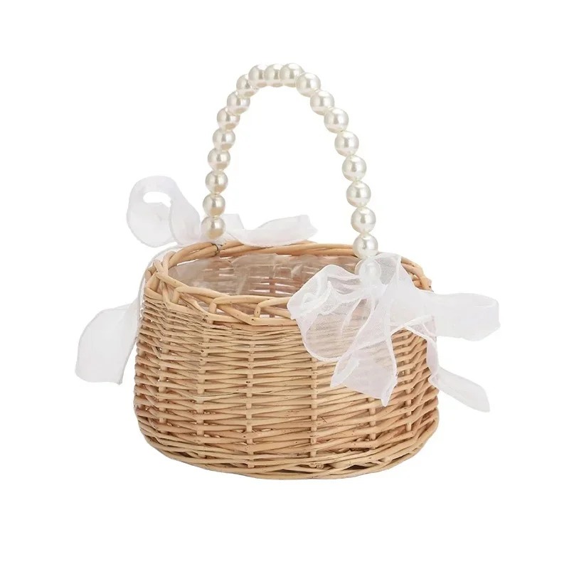 Gardening Tools Girls - Perlenbesetzter Rattan-Blumenkorb für Hochzeitsblumenmädchen, weißer Organza-Schleifen-Blütenblatt-Aufbewahrungskorb